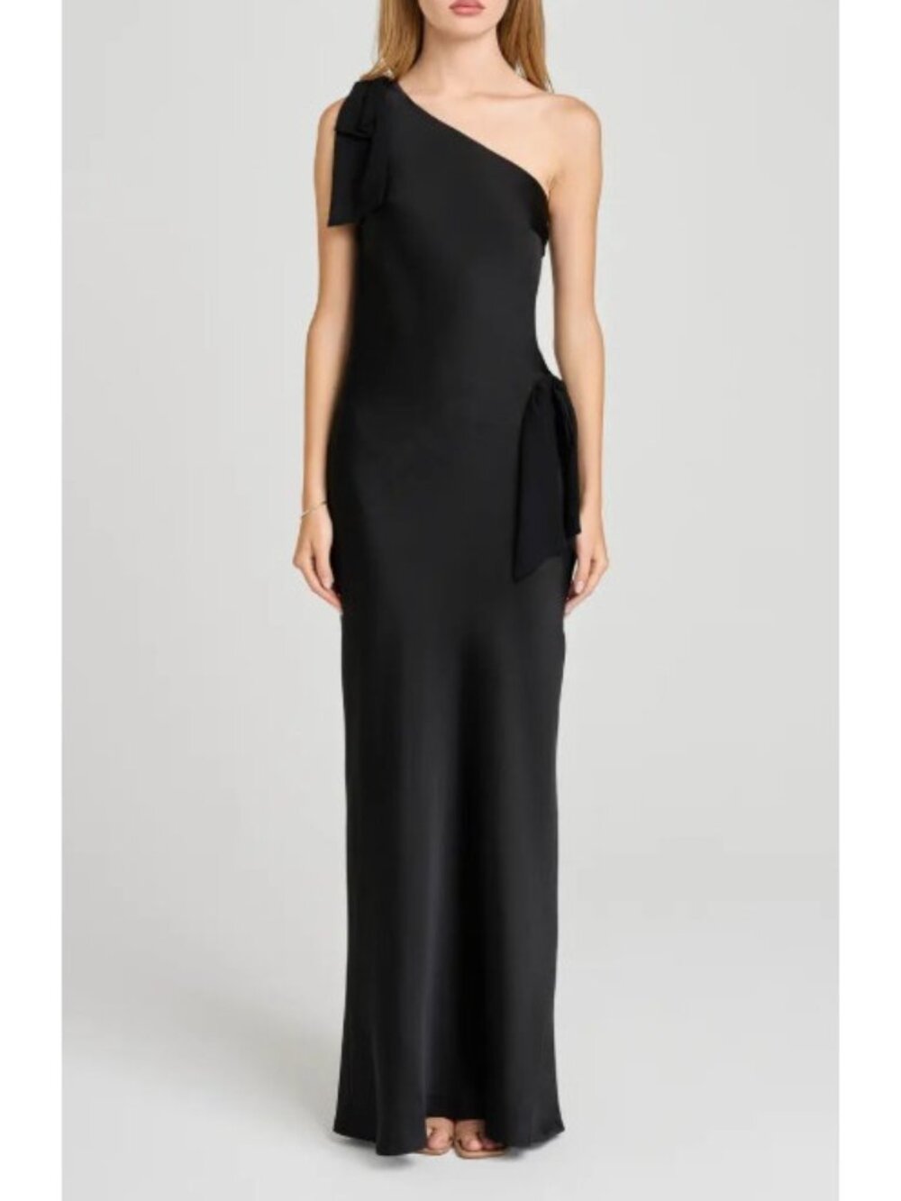 WAYF x Sara Walker Audrey One-Shoulder Black Satin Maxi Dress Size Small - Picture 1 of 13